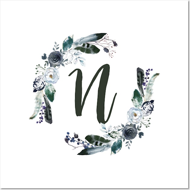 Floral Monogram N Dark Bohemian Flora Wall Art by floralmonogram